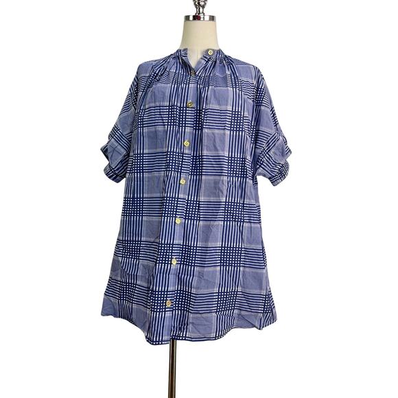 Never A Wallflower Dresses & Skirts - Never A Wallflower Elastic Sleeve Dress Navy Blue Plaid Printed Cotton Mini